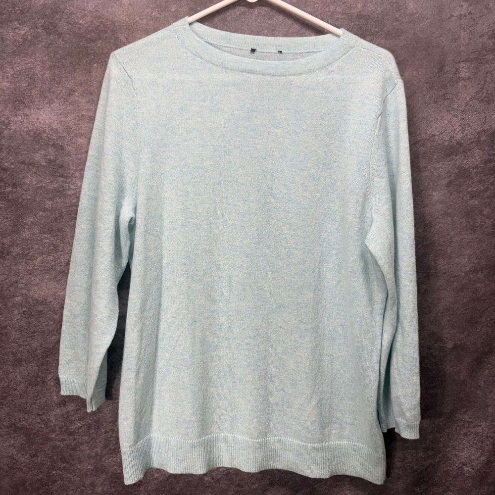 Talbots 100% Cashmere Sweater Size L Light Blue Heather Crew Neck 3/4 Sleeve